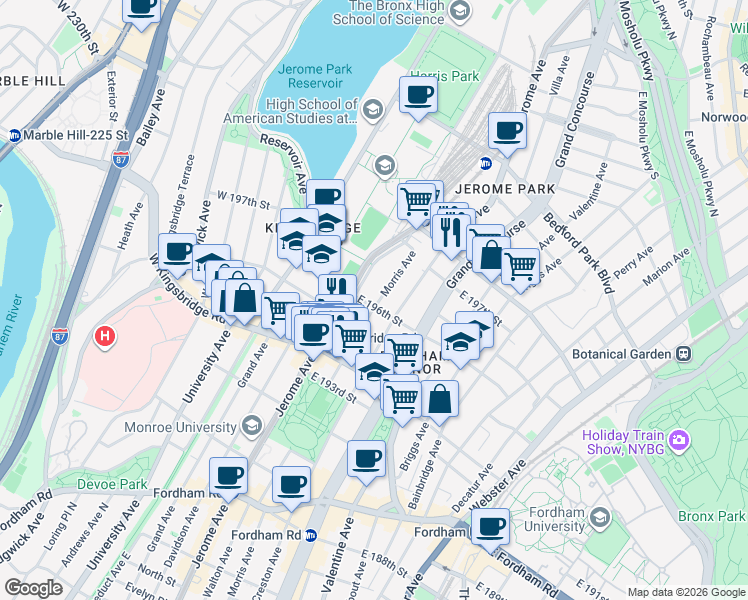 map of restaurants, bars, coffee shops, grocery stores, and more near 2758 Morris Avenue in Bronx