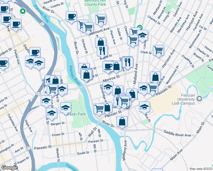 map of restaurants, bars, coffee shops, grocery stores, and more near 15 Commerce Street in Garfield
