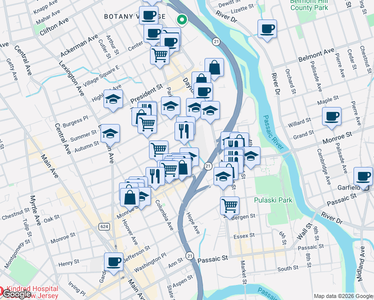 map of restaurants, bars, coffee shops, grocery stores, and more near 39 Parker Avenue in Passaic