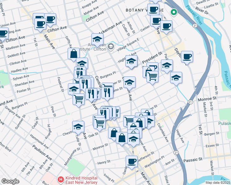 map of restaurants, bars, coffee shops, grocery stores, and more near 153 Autumn Street in Passaic