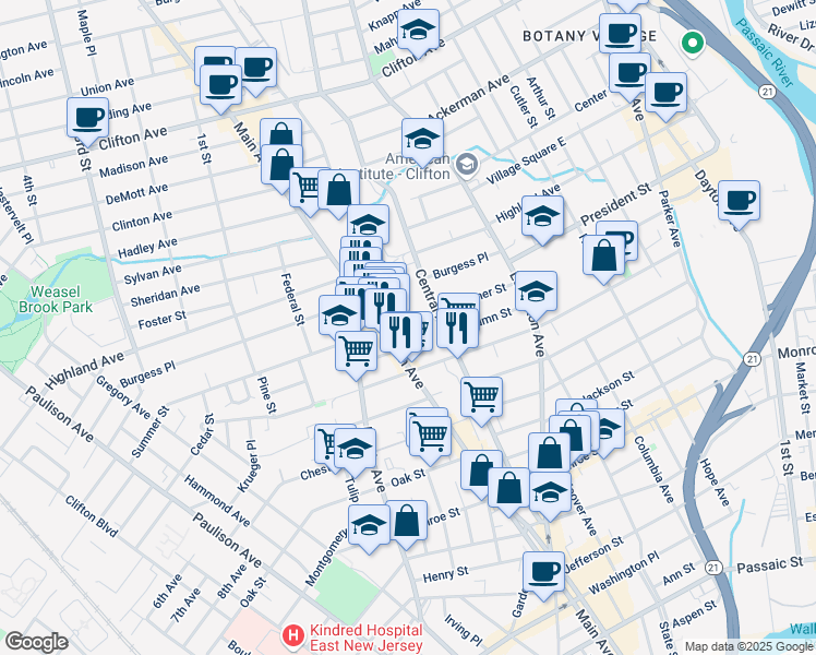 map of restaurants, bars, coffee shops, grocery stores, and more near 105 Summer Street in Passaic