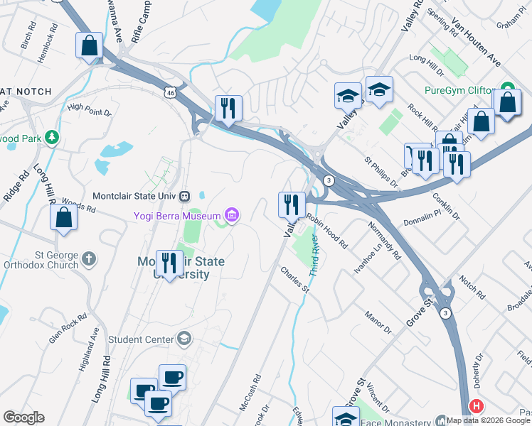 map of restaurants, bars, coffee shops, grocery stores, and more near 71 Adams Terrace in Clifton