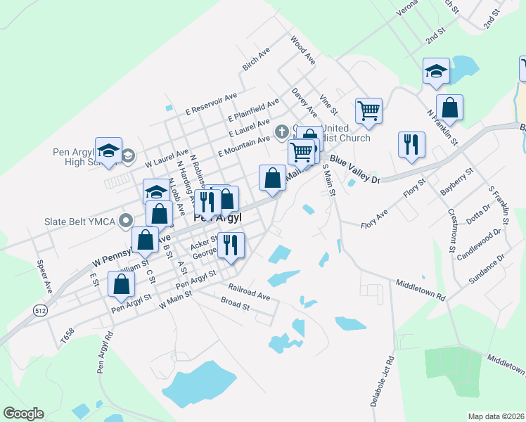 map of restaurants, bars, coffee shops, grocery stores, and more near 12 South Westbrook Avenue in Pen Argyl