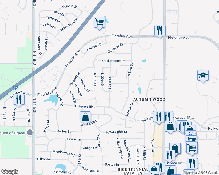map of restaurants, bars, coffee shops, grocery stores, and more near 5701 North 21st Street in Lincoln