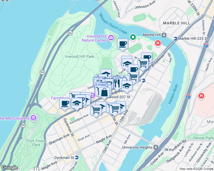 map of restaurants, bars, coffee shops, grocery stores, and more near 110 Cooper Street in New York