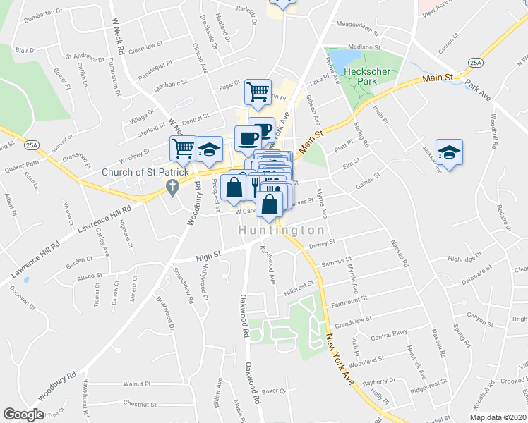 map of restaurants, bars, coffee shops, grocery stores, and more near 8 West Carver Street in Huntington
