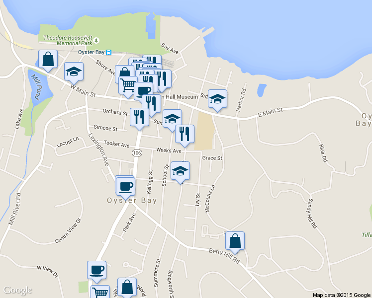 map of restaurants, bars, coffee shops, grocery stores, and more near 85 Anstice Street in Oyster Bay