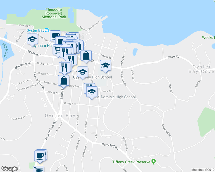 map of restaurants, bars, coffee shops, grocery stores, and more near 1 Karen Court in Oyster Bay