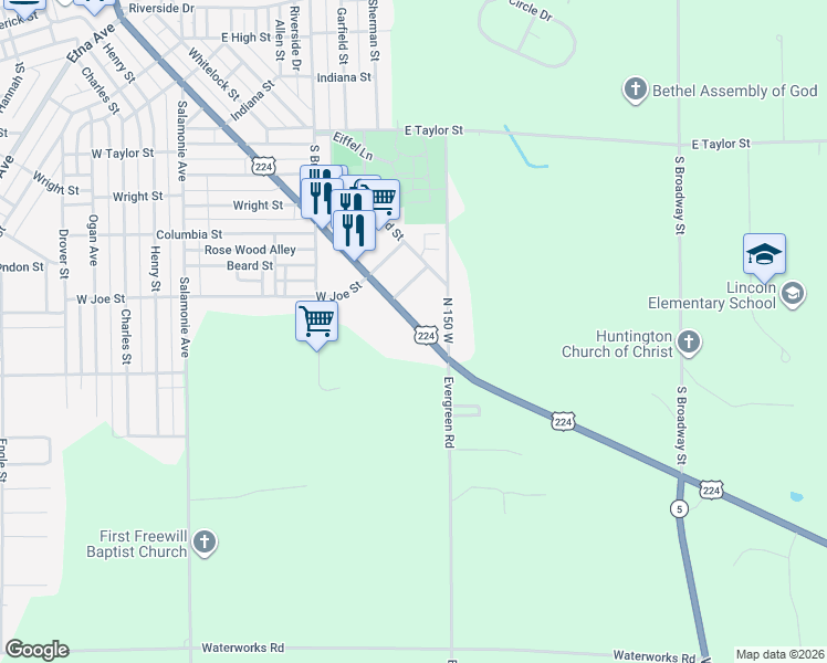 map of restaurants, bars, coffee shops, grocery stores, and more near 1414 S Jefferson St in Huntington