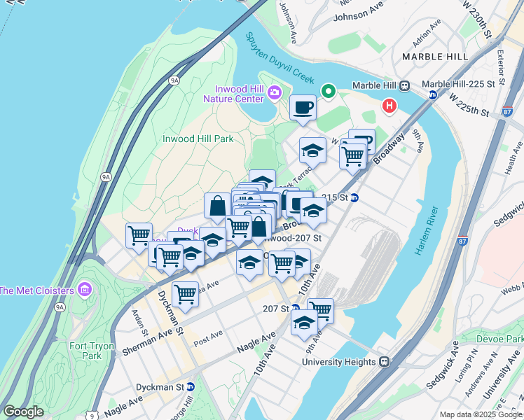 map of restaurants, bars, coffee shops, grocery stores, and more near 108 Cooper Street in New York