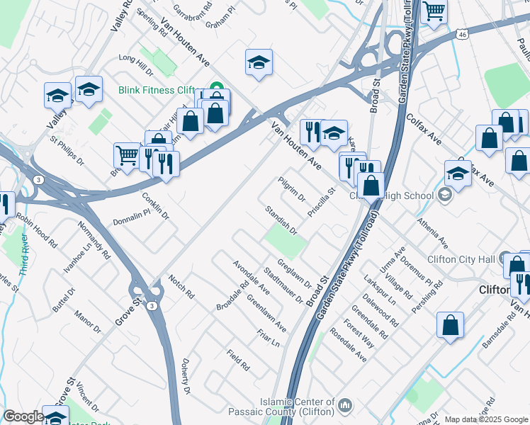 map of restaurants, bars, coffee shops, grocery stores, and more near 73 Standish Drive in Clifton