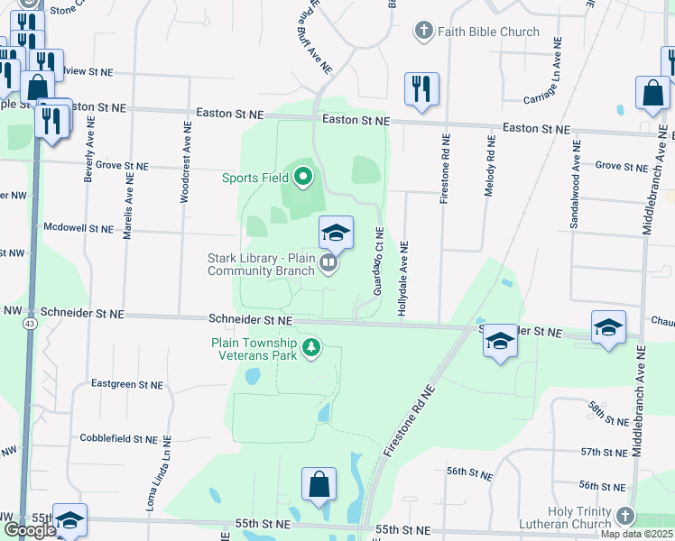 map of restaurants, bars, coffee shops, grocery stores, and more near 1801 Schneider Street Northeast in Canton