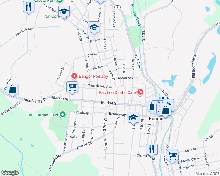map of restaurants, bars, coffee shops, grocery stores, and more near 632 Pennsylvania Avenue in Bangor