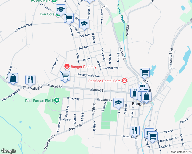 map of restaurants, bars, coffee shops, grocery stores, and more near 652 Pennsylvania Avenue in Bangor