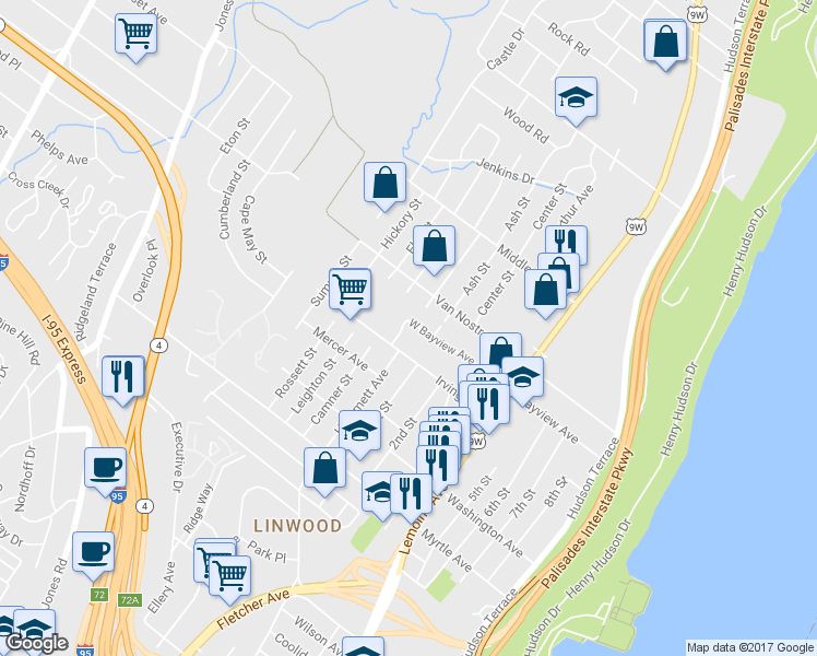map of restaurants, bars, coffee shops, grocery stores, and more near 60 West Bayview Avenue in Englewood Cliffs