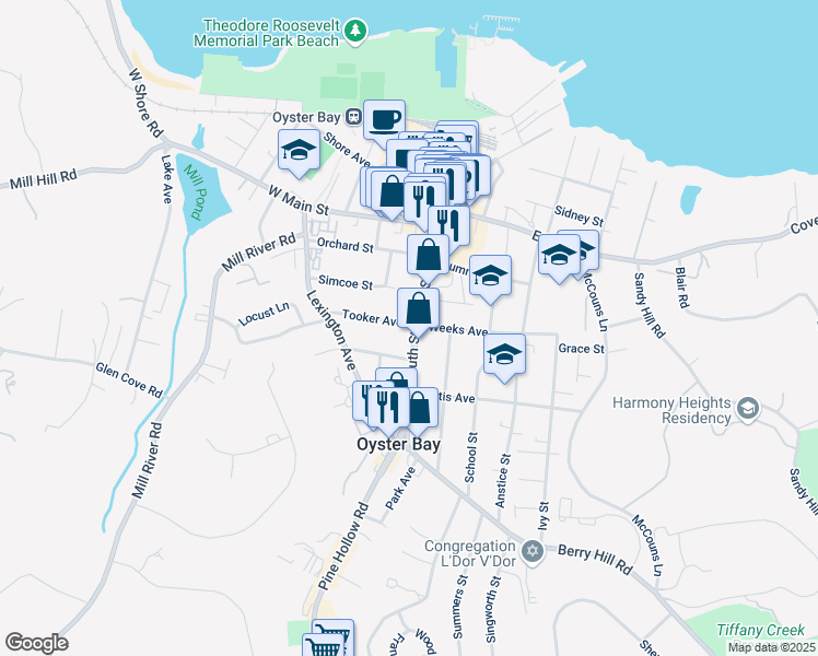 map of restaurants, bars, coffee shops, grocery stores, and more near 216 South Street in Oyster Bay