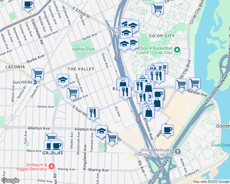 map of restaurants, bars, coffee shops, grocery stores, and more near 2851 Grace Avenue in Bronx