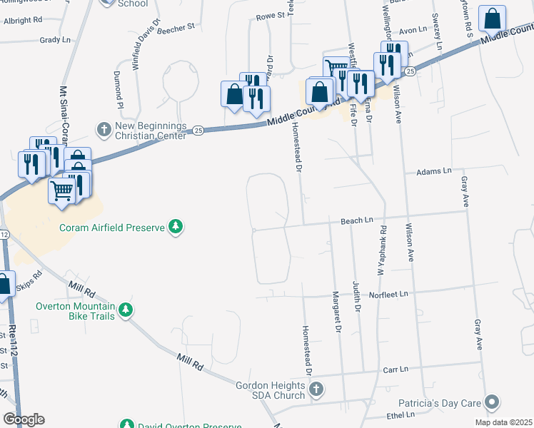 map of restaurants, bars, coffee shops, grocery stores, and more near 1 Homestead Drive in Coram