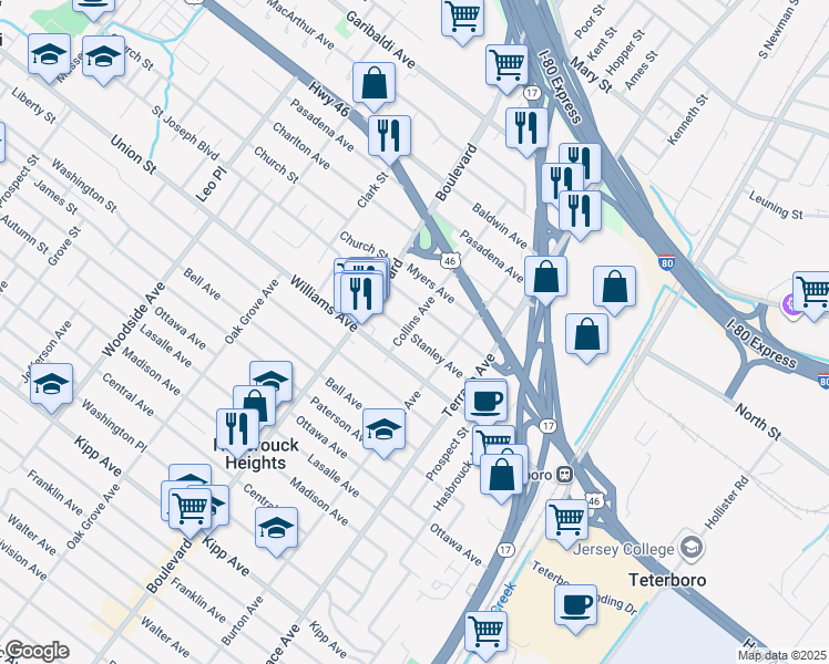 map of restaurants, bars, coffee shops, grocery stores, and more near 456 Collins Ave in Hasbrouck Heights