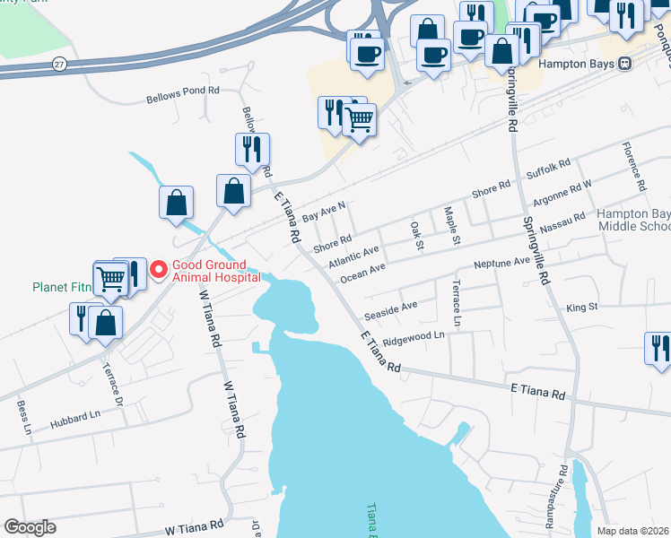 map of restaurants, bars, coffee shops, grocery stores, and more near 61 Atlantic Avenue in Hampton Bays