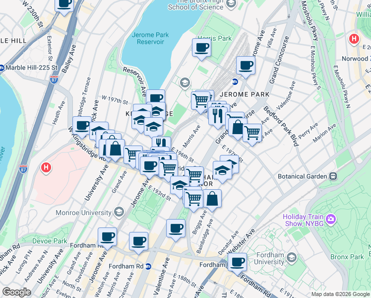 map of restaurants, bars, coffee shops, grocery stores, and more near 2758 Morris Avenue in The Bronx