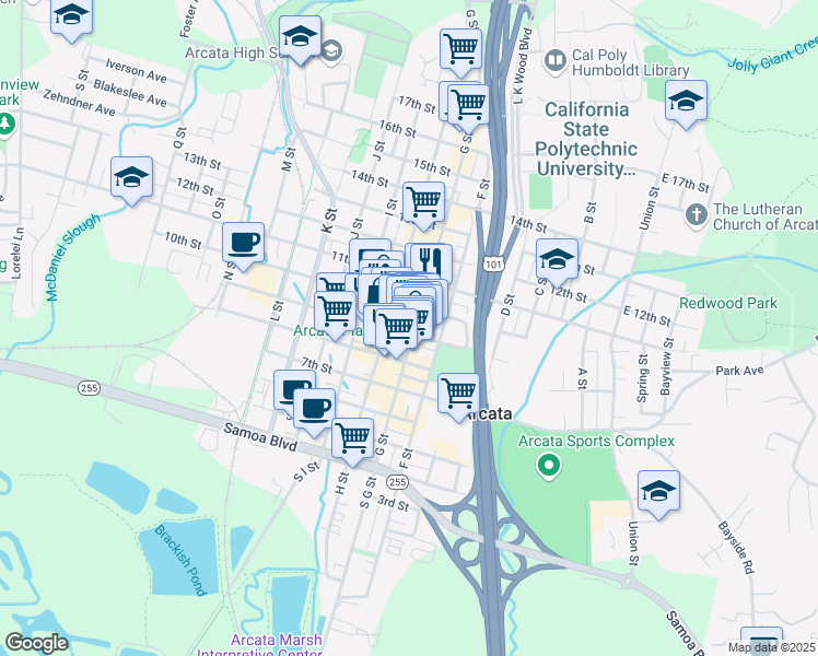 map of restaurants, bars, coffee shops, grocery stores, and more near 708 9th Street in Arcata