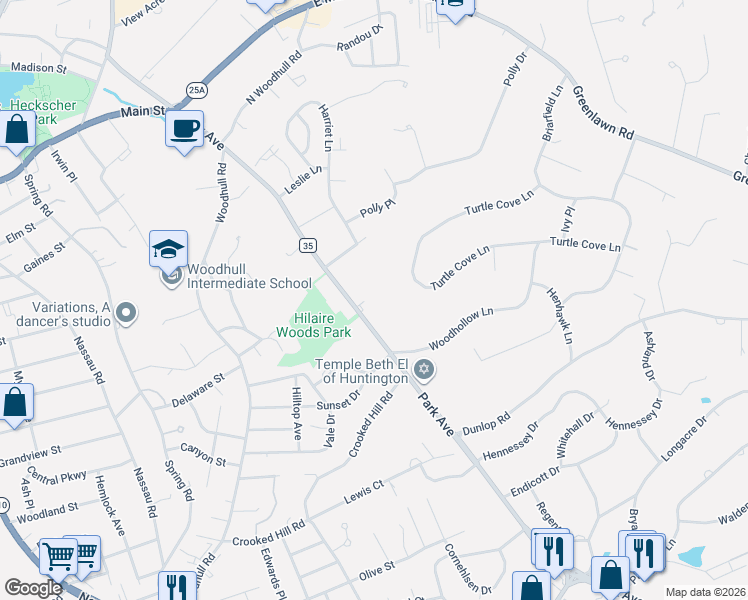 map of restaurants, bars, coffee shops, grocery stores, and more near 634 Park Avenue in Huntington