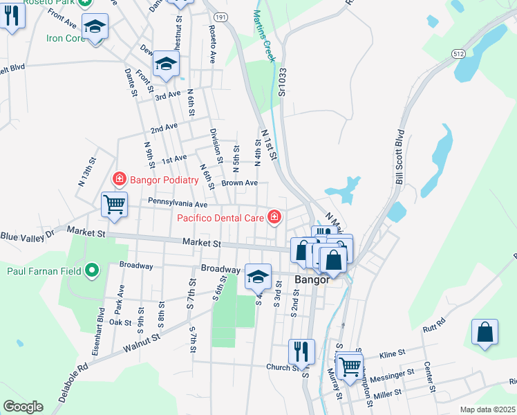 map of restaurants, bars, coffee shops, grocery stores, and more near 346 Pennsylvania Avenue in Bangor