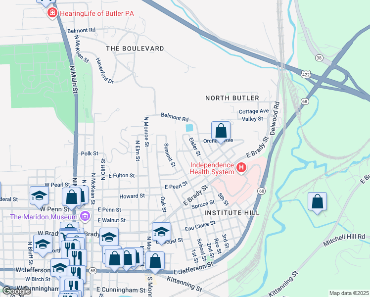 map of restaurants, bars, coffee shops, grocery stores, and more near 606 3rd Street in Butler