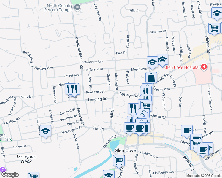map of restaurants, bars, coffee shops, grocery stores, and more near 14 Roosevelt Street in Glen Cove