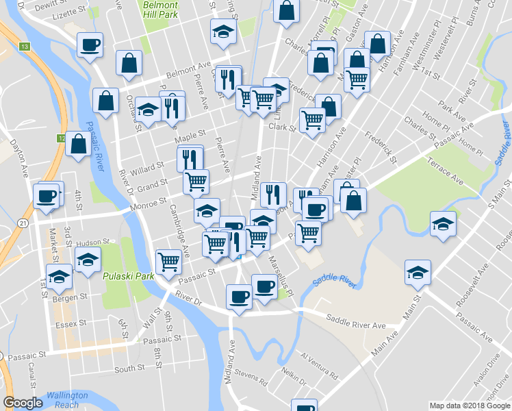 map of restaurants, bars, coffee shops, grocery stores, and more near 138 Midland Avenue in Garfield
