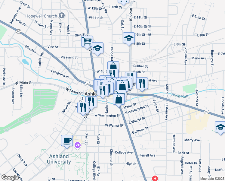 map of restaurants, bars, coffee shops, grocery stores, and more near 46 East Main Street in Ashland