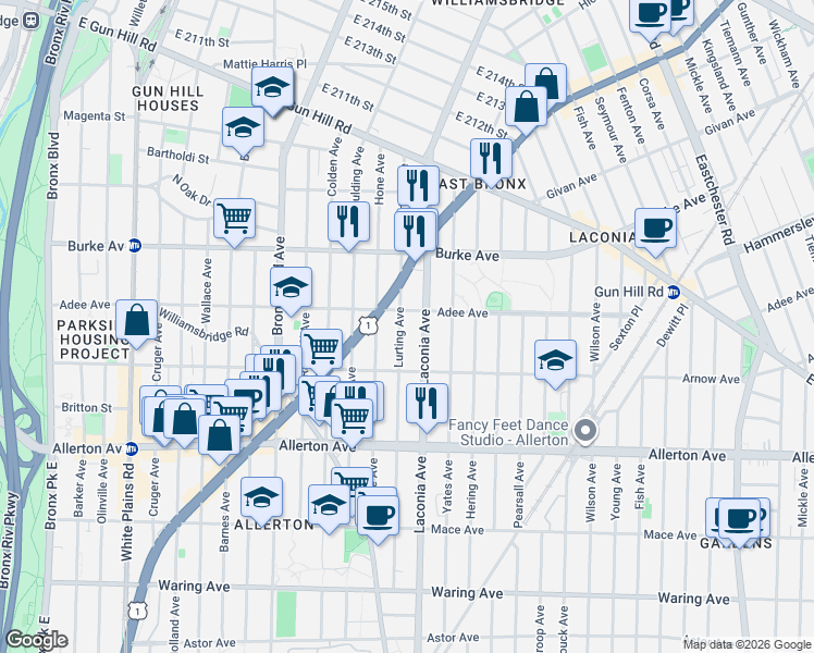 map of restaurants, bars, coffee shops, grocery stores, and more near 2959 Lurting Avenue in Bronx