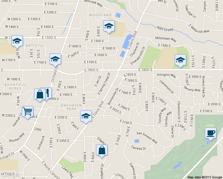 map of restaurants, bars, coffee shops, grocery stores, and more near 1917 South Davis Boulevard in Bountiful