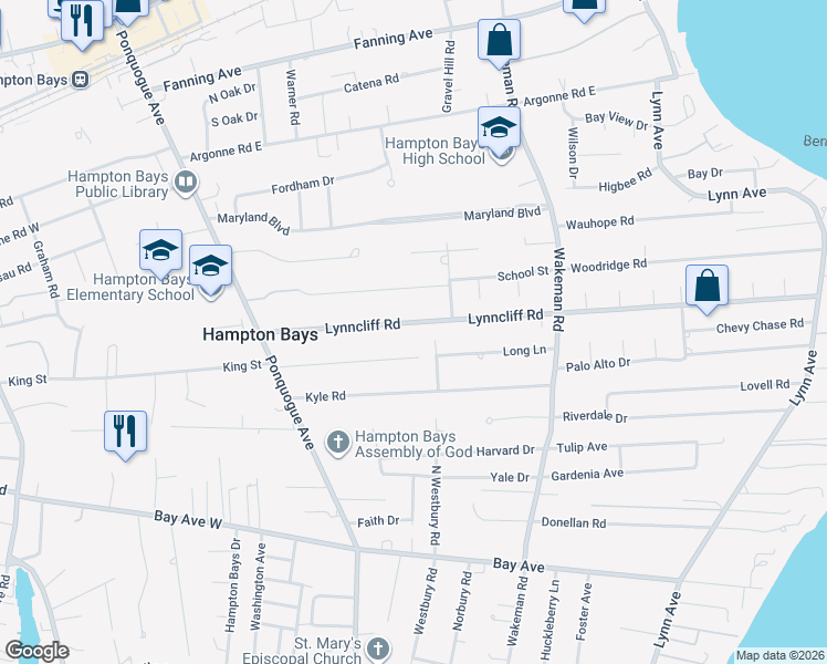 map of restaurants, bars, coffee shops, grocery stores, and more near 36 Lynncliff Road in Hampton Bays
