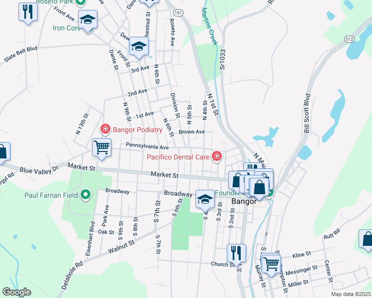 map of restaurants, bars, coffee shops, grocery stores, and more near 516 Pennsylvania Avenue in Bangor