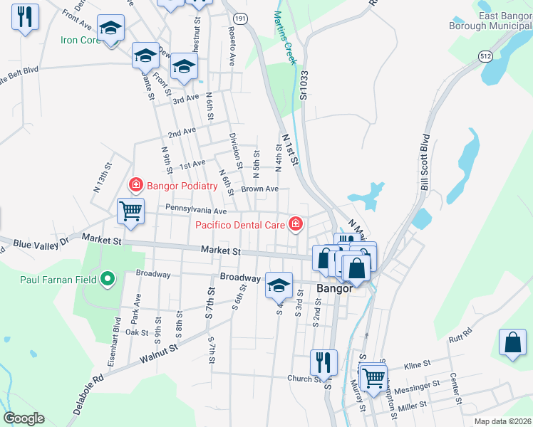 map of restaurants, bars, coffee shops, grocery stores, and more near 424 Pennsylvania Avenue in Bangor