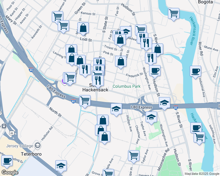 map of restaurants, bars, coffee shops, grocery stores, and more near 40 East Wesley Street in South Hackensack