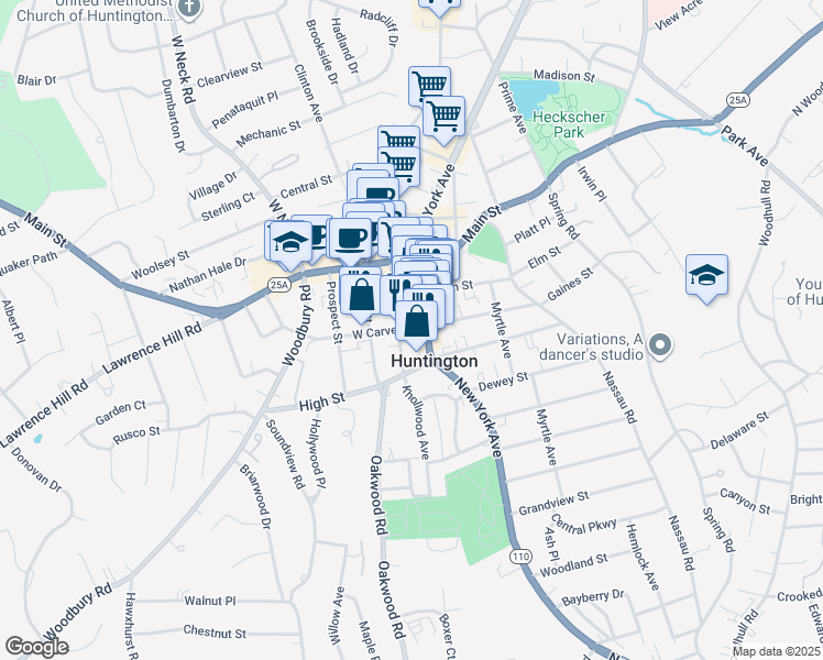 map of restaurants, bars, coffee shops, grocery stores, and more near 8 West Carver Street in Huntington