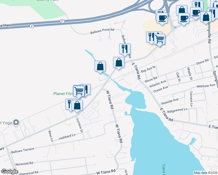 map of restaurants, bars, coffee shops, grocery stores, and more near 209 West Montauk Highway in Hampton Bays