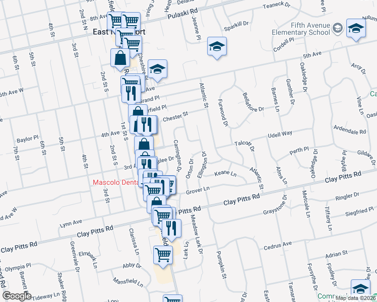 map of restaurants, bars, coffee shops, grocery stores, and more near 6 Orton Drive in East Northport