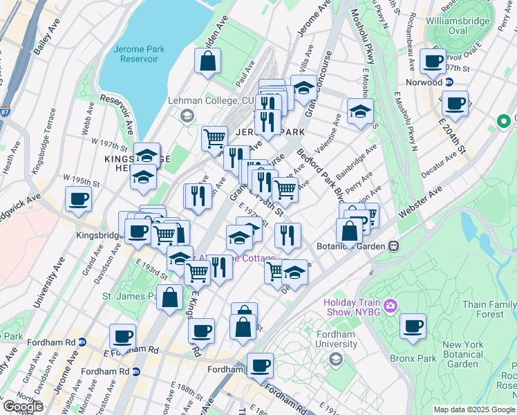 map of restaurants, bars, coffee shops, grocery stores, and more near 2834 Valentine Avenue in Bronx
