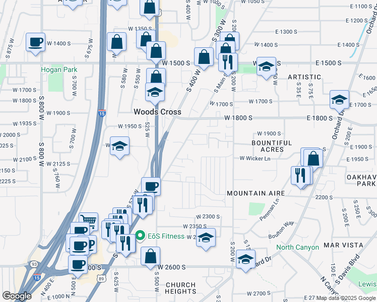 map of restaurants, bars, coffee shops, grocery stores, and more near 2001 South Main Street in Bountiful