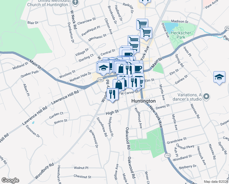 map of restaurants, bars, coffee shops, grocery stores, and more near 43 Prospect Street in Huntington