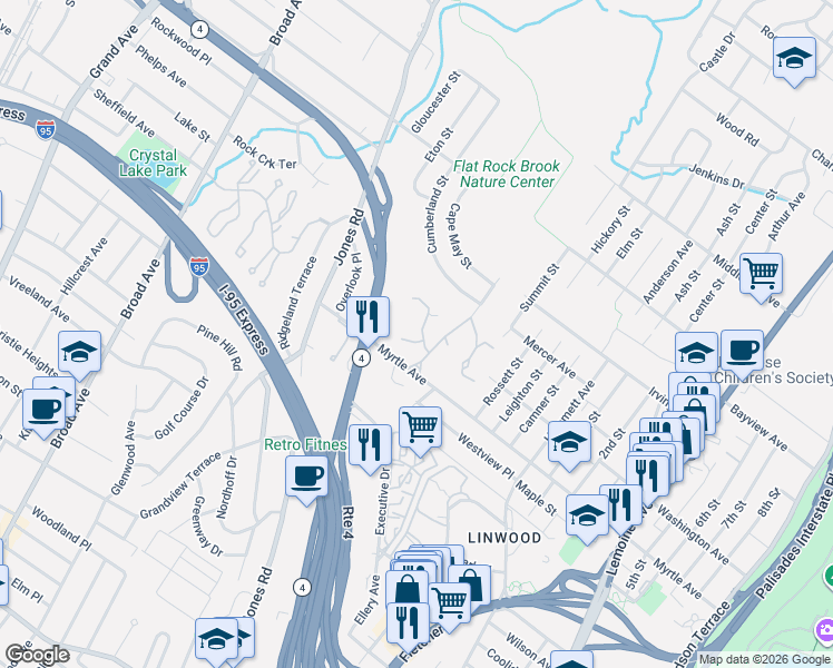 map of restaurants, bars, coffee shops, grocery stores, and more near 1 Old Quarry Road in Englewood