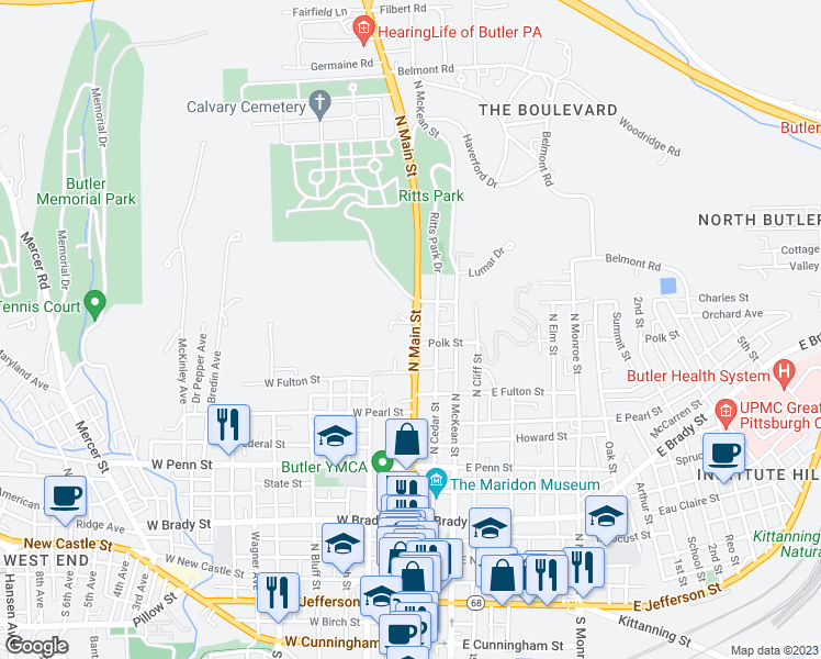 map of restaurants, bars, coffee shops, grocery stores, and more near 600 North Main Street in Butler