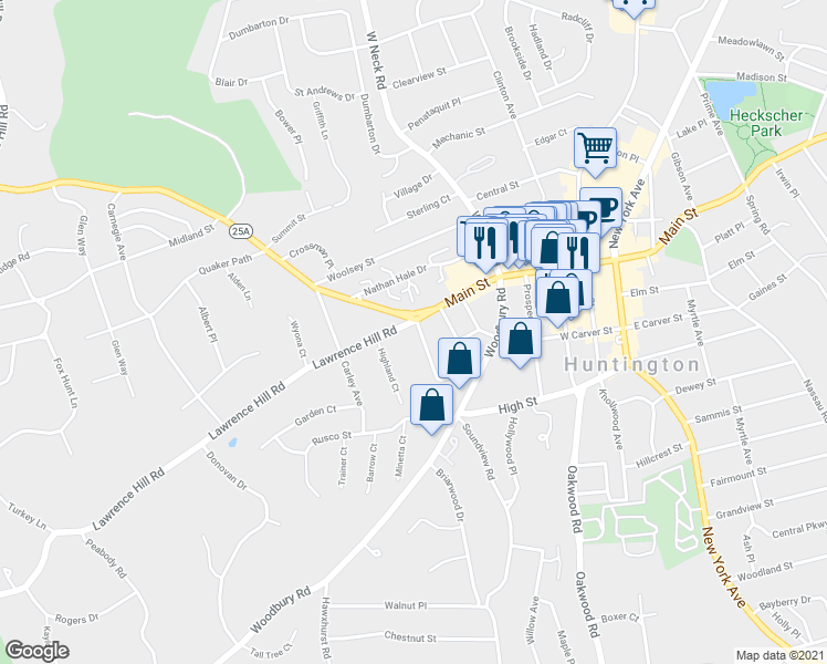 map of restaurants, bars, coffee shops, grocery stores, and more near 2 Lawrence Hill Rd in Huntington