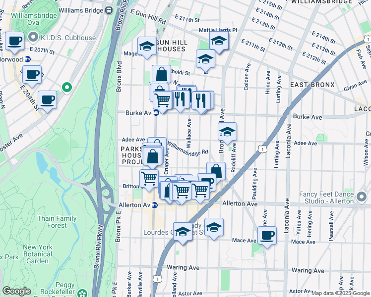 map of restaurants, bars, coffee shops, grocery stores, and more near 3020 Williamsbridge Road in The Bronx