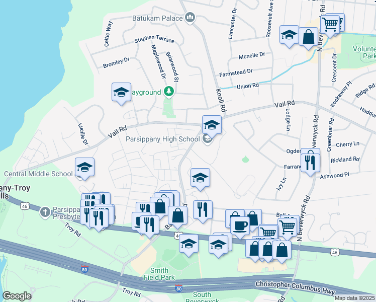map of restaurants, bars, coffee shops, grocery stores, and more near 301 Baldwin Road in Parsippany-Troy Hills