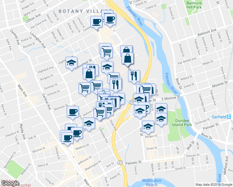 map of restaurants, bars, coffee shops, grocery stores, and more near 49 Parker Avenue in Passaic